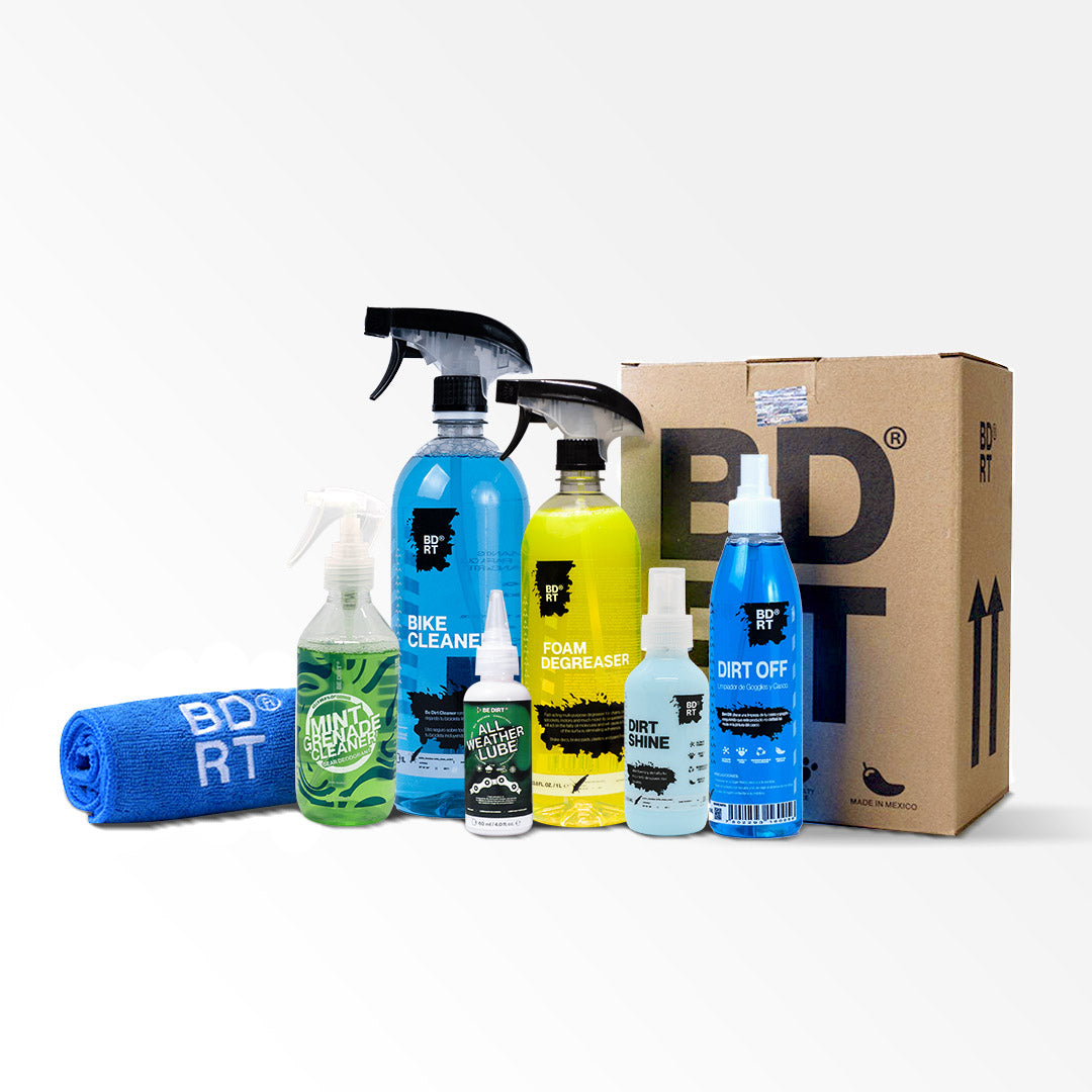 BE_DIRT_FLOW_KIT_DESENGRASANTE_FOAM_DEGREASER_LIMPIADOR_BIKE_CLEANER_ABRILLANTADOR_DIRT_SHINE_MICROFIRA_TOALLA_CEPILLO_SUAVE_SOFT_BRUSH_HARD_BRUSH_CEPILLO_RIGIDO_ALL_WEATHER_LUBRICANTE_TODO_CLIMA_DIRT_OFF_LIMPIADOR_GOGGLES_CICLISMO_BICICLETA_ENDURO_RUTA